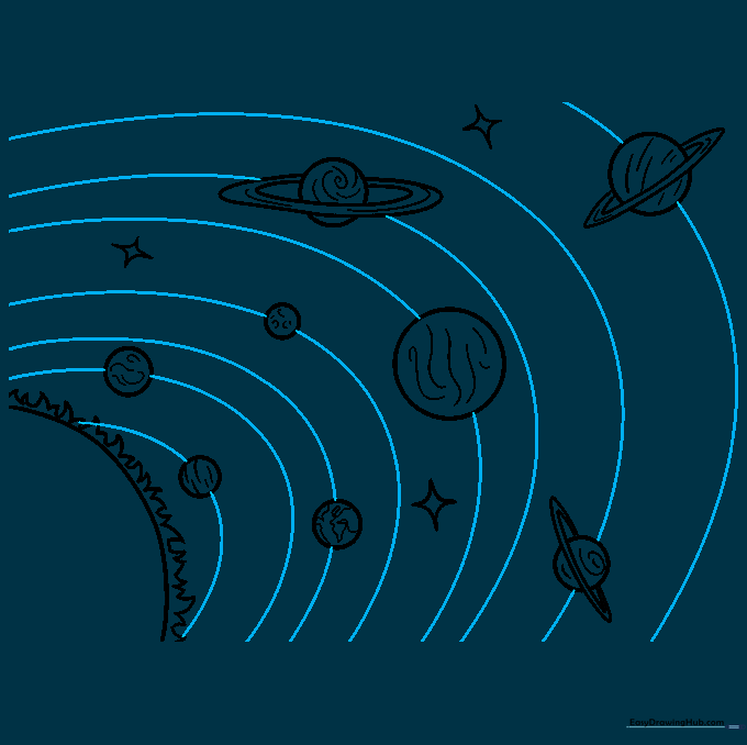 Drawing long, sweeping orbital paths behind each planet.
