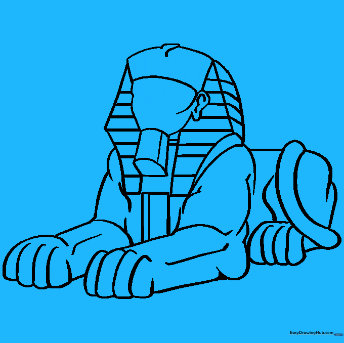 Adding the final facial features and the cobra symbol to the Sphinx's crown.