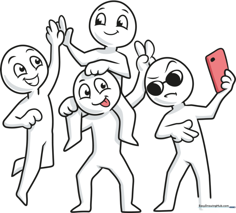 A colorful cartoon squad of four friends taking a group selfie.