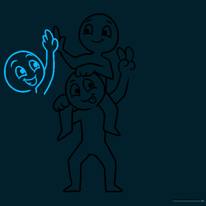 Drawing a third character reaching out to high-five the first.