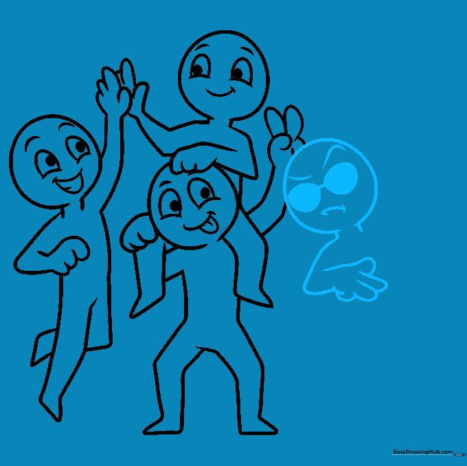 Drawing the fourth character wearing sunglasses.
