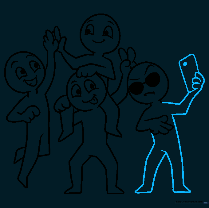 Adding a smartphone to the fourth character's hand to complete the selfie scene.