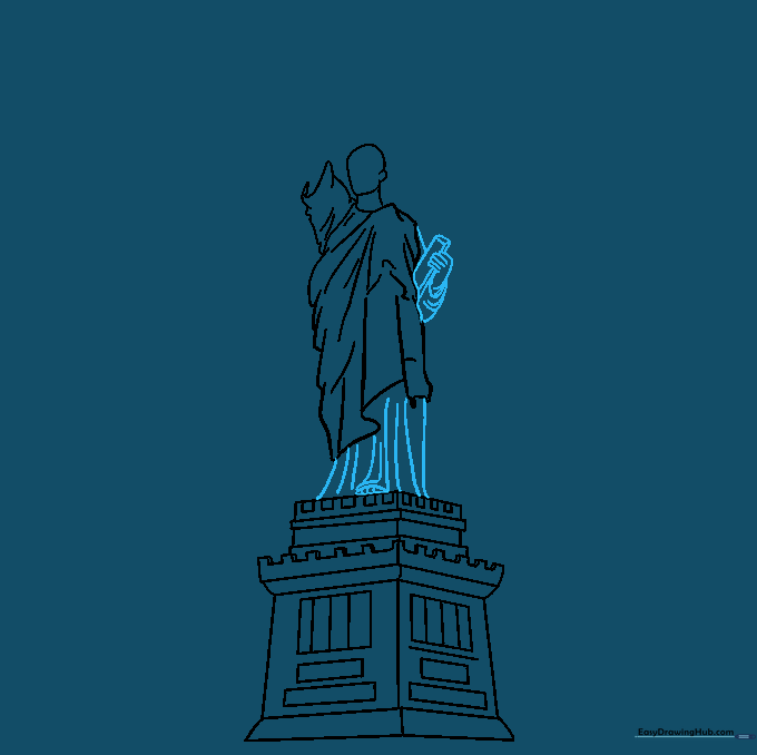 Drawing the tablet held in the statue's arm.