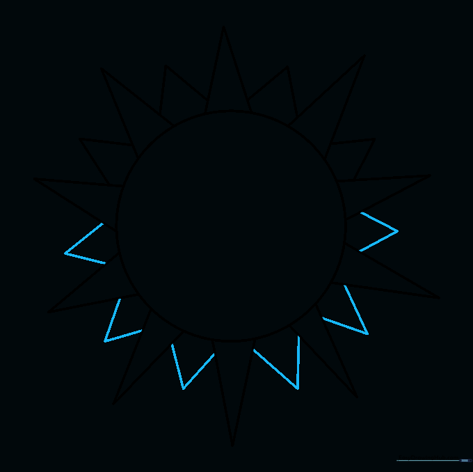 The sun outline is now complete with a full ring of alternating large and small rays.