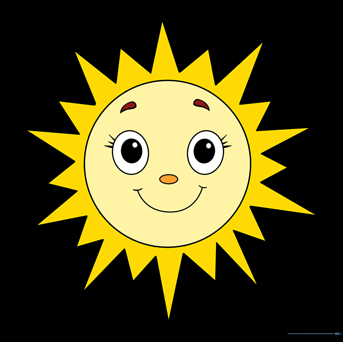 The finished sun drawing colored in vibrant yellow and orange tones.