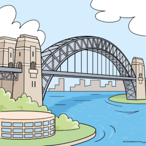 Colorful, completed illustration of the Sydney Harbor Bridge, perfect for art students.
