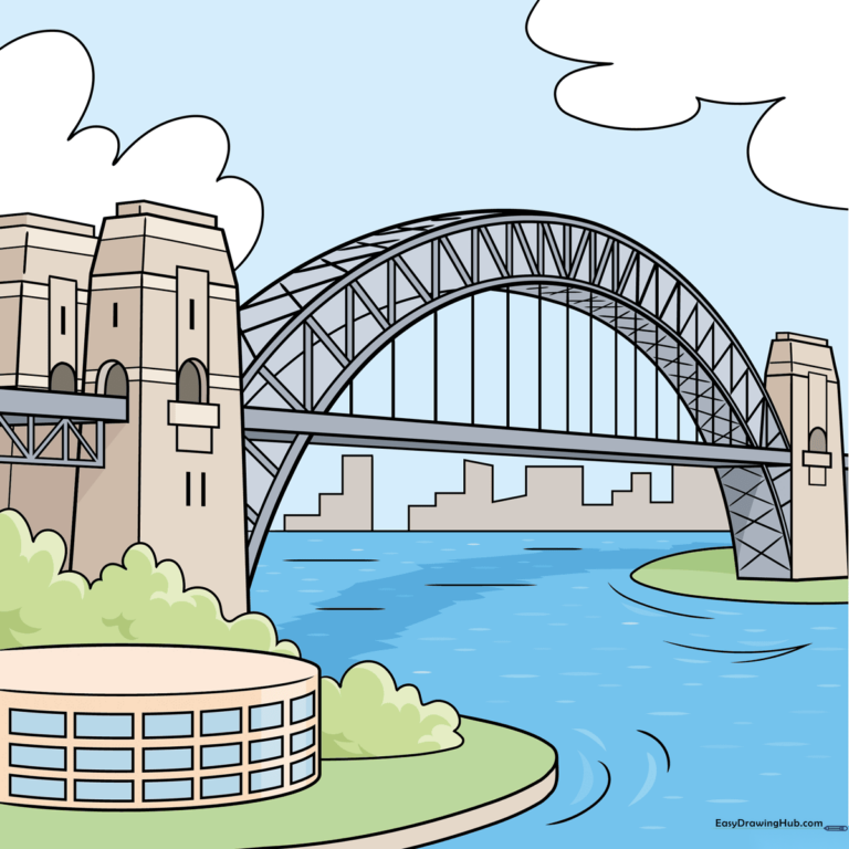 Colorful, completed illustration of the Sydney Harbor Bridge, perfect for art students.