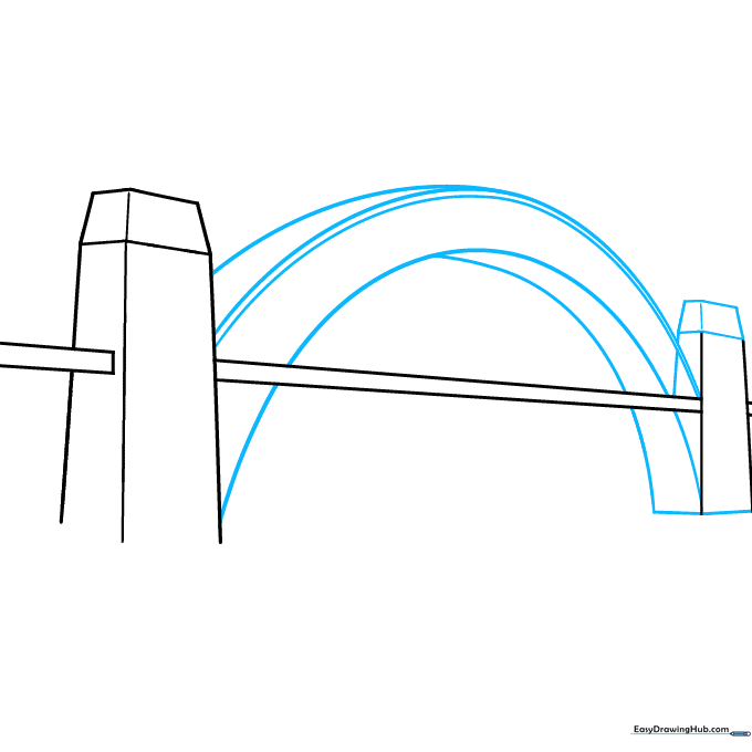 Drawing showing the addition of parallel curved lines creating the main arch structure between the bridge towers.