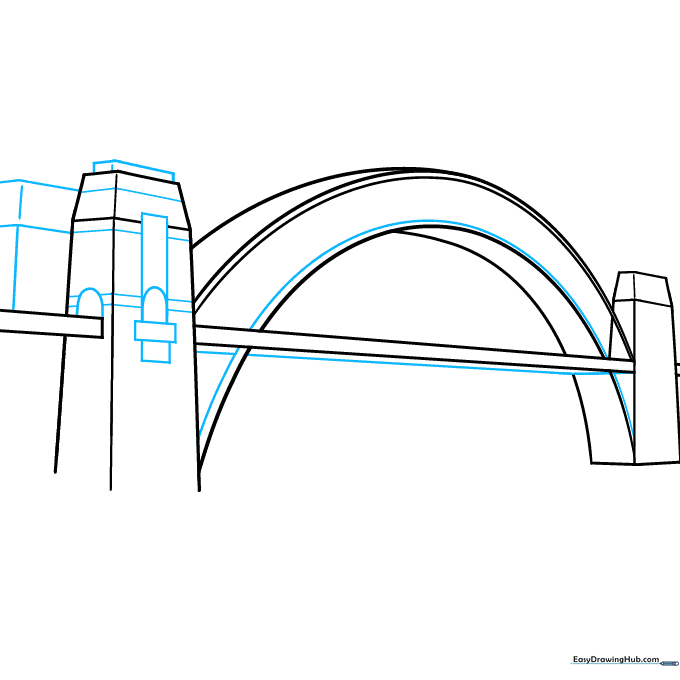 Detailed sketch showing the bridge deck and additional rectangular prisms forming the tower structure.