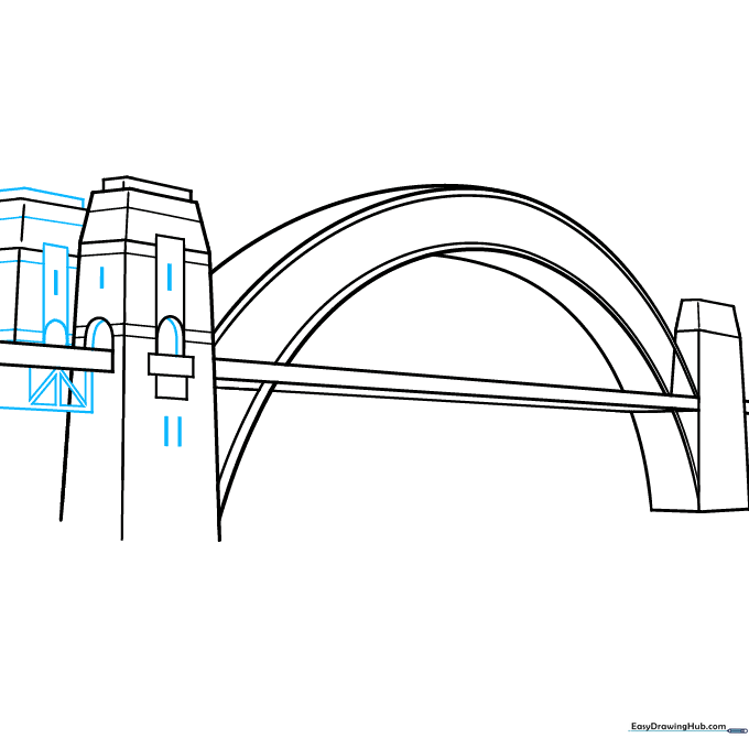 Close-up of the bridge tower showing added architectural details like arches and triangular truss patterns.