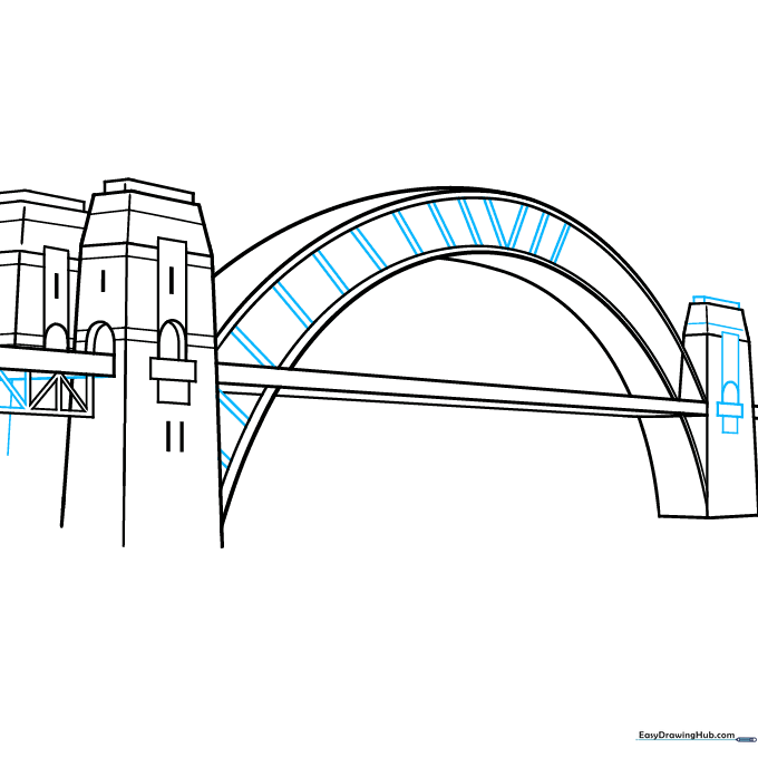 Step showing the continuation of the triangular truss pattern and added structural bands on the bridge arch.