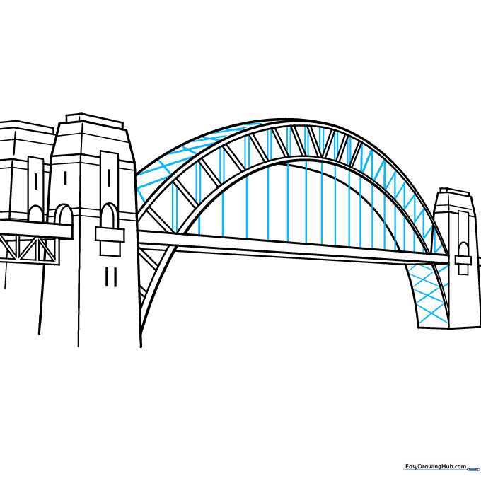 Drawing showing the addition of vertical suspender cables and X-shaped bracing within the arch.