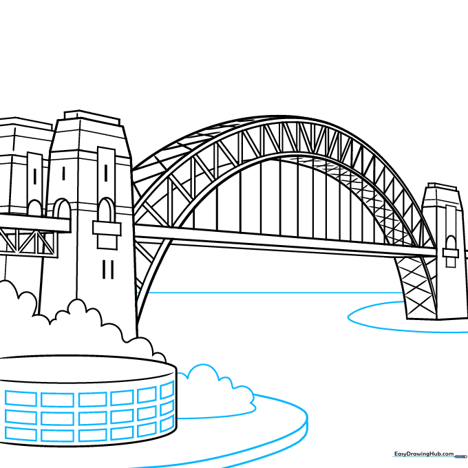 Drawing showing the addition of windows, a horizon line, and shoreline contours to complete the scene.