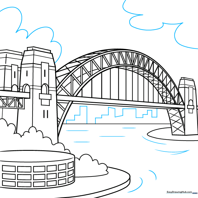 Final line art showing the addition of clouds, a distant city skyline, and water texture.