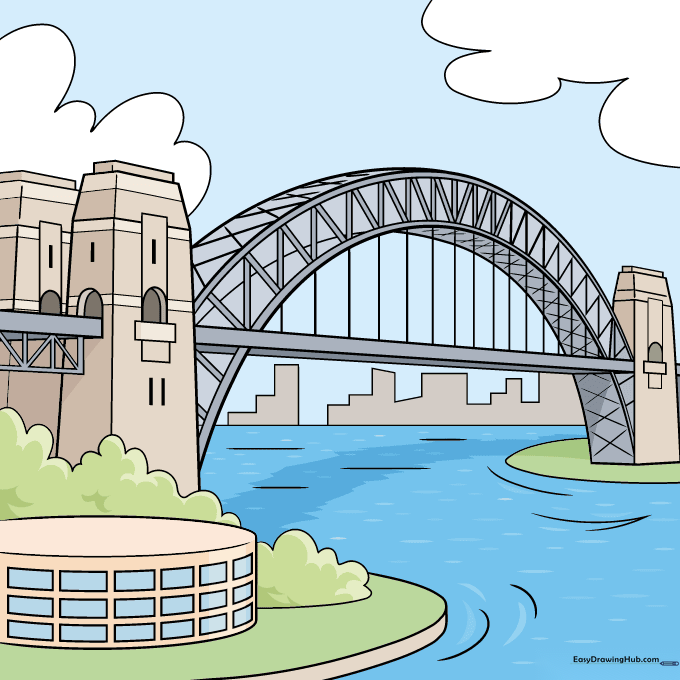 Finished, colored drawing of the Sydney Harbor Bridge featuring gray steel and brown stone towers.