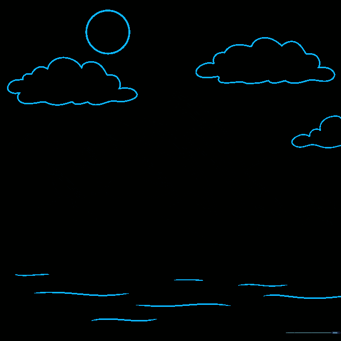 Completing the landscape with sun, clouds, and water texture.