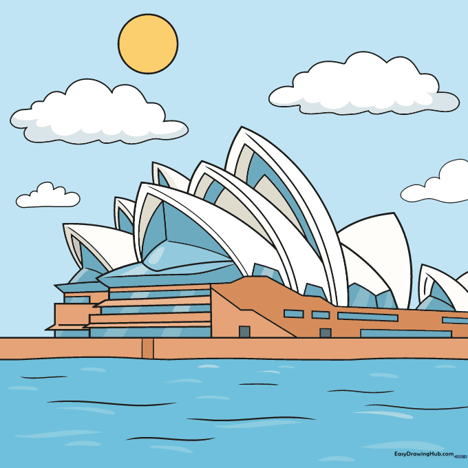 The finished, colored Sydney Opera House drawing.