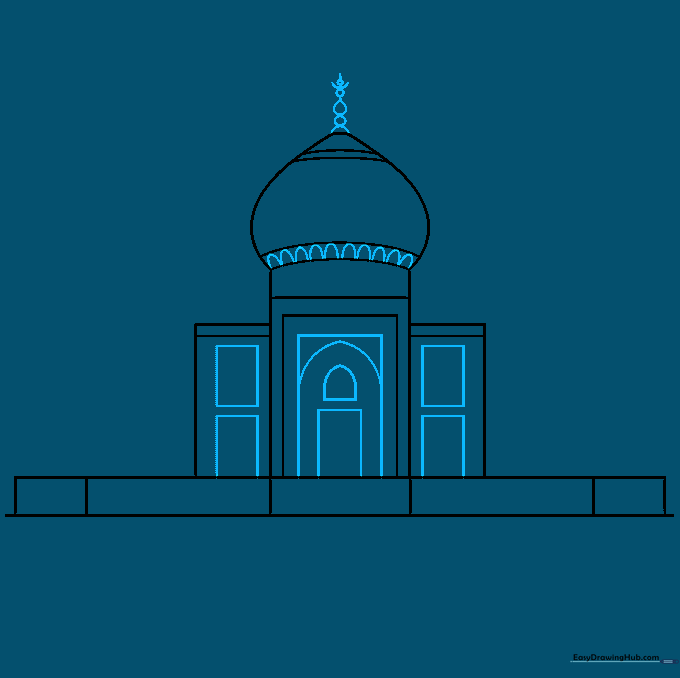 Detailed sketch of the Taj Mahal central dome with a teardrop finial and decorative petal patterns.