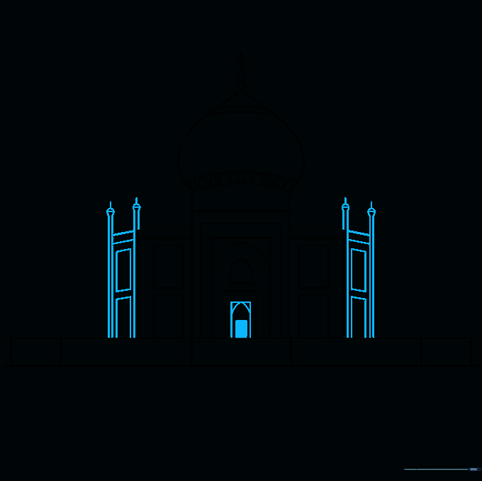 Drawing showing the addition of side towers and perspective lines to the Taj Mahal structure.