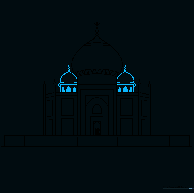 Sketching the side minarets and connecting domes to the main Taj Mahal structure.