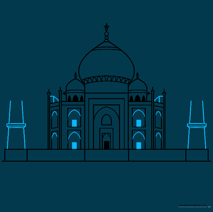 Adding architectural depth to the Taj Mahal drawing with doorways and base triangles.