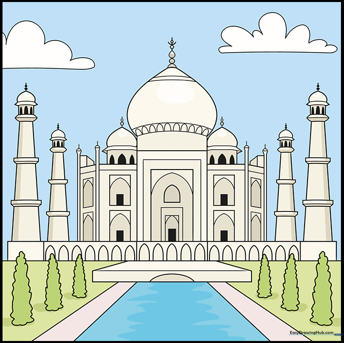 Completed and colored Taj Mahal drawing with shadows and garden details.
