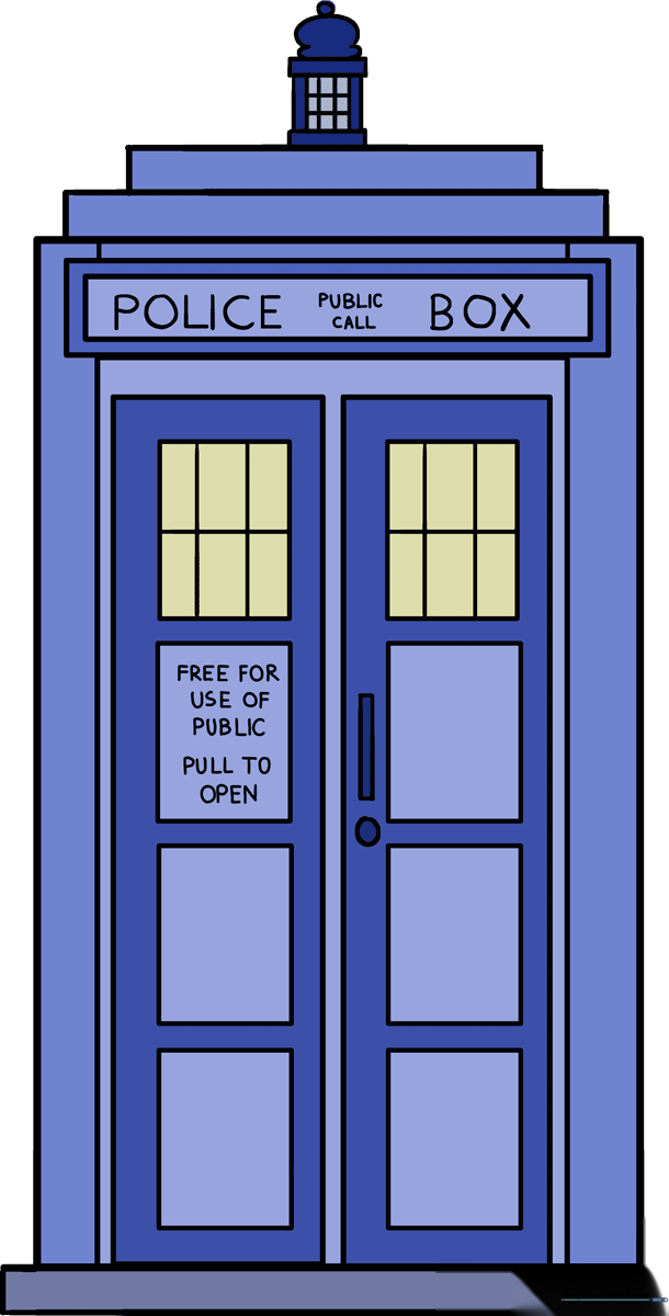 A vibrant, finished drawing of the TARDIS, ready for time travel.