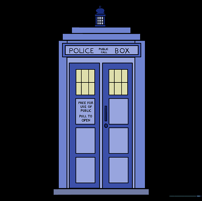 The completed TARDIS drawing colored in traditional blue.