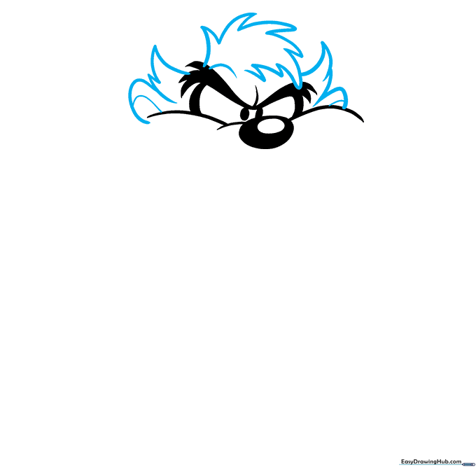 Drawing the jagged, spiky fur outline around the top of the Tasmanian Devil's head.