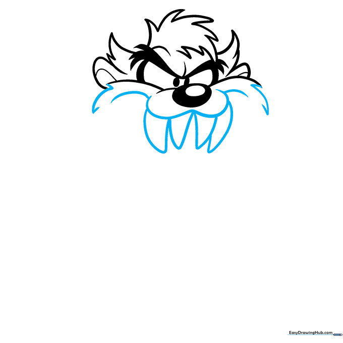 Sketching the wide, open mouth of Taz with sharp, triangular fangs.