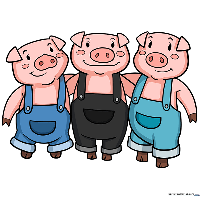 The completed Three Little Pigs drawing, fully colored with pink skin and blue overalls.