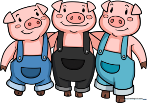 A colorful, finished illustration of the Three Little Pigs standing together.