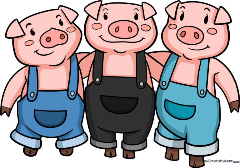 A colorful, finished illustration of the Three Little Pigs standing together.