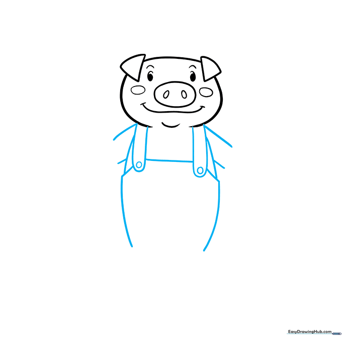 Drawing the shoulder straps and buttons of the pig's overalls.