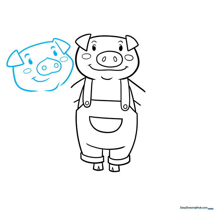 Sketching the head and facial features of the second pig.