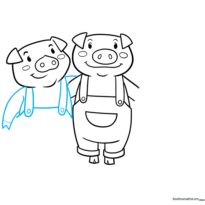 Drawing the arms and upper body of the second pig character.