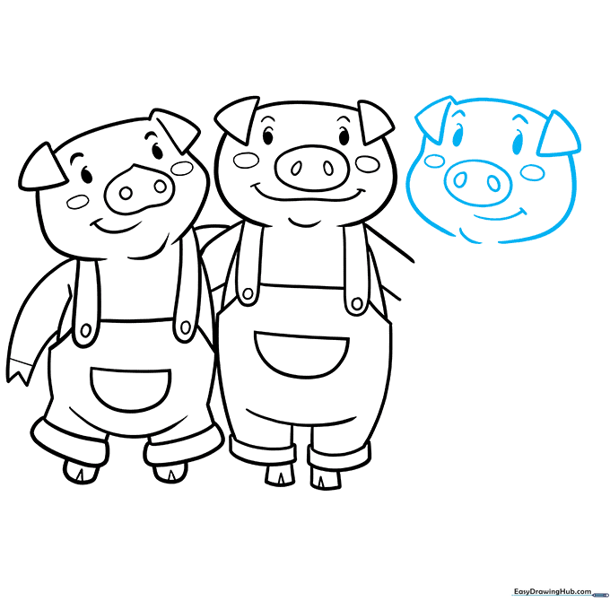 Sketching the head and face of the third pig character.