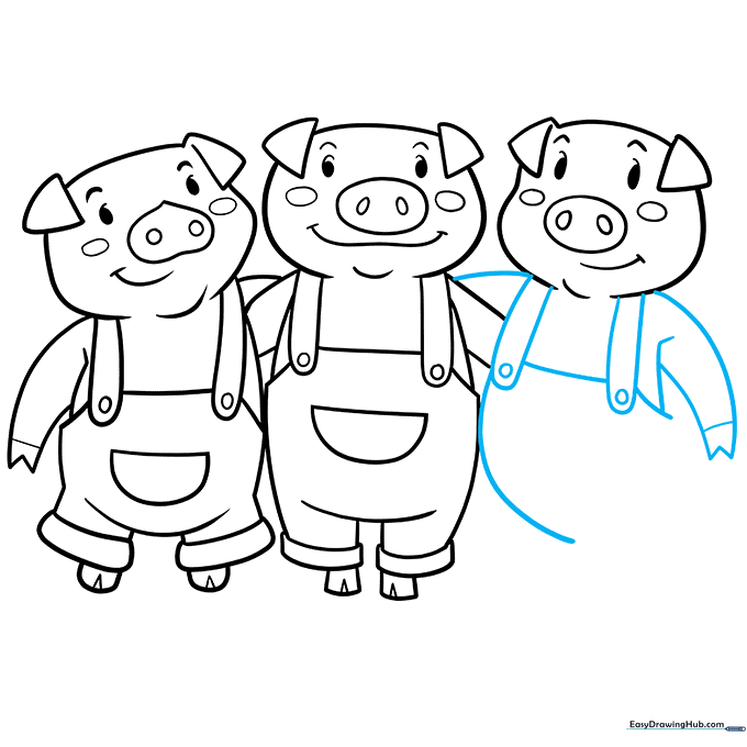 Drawing the torso and arms of the third pig.