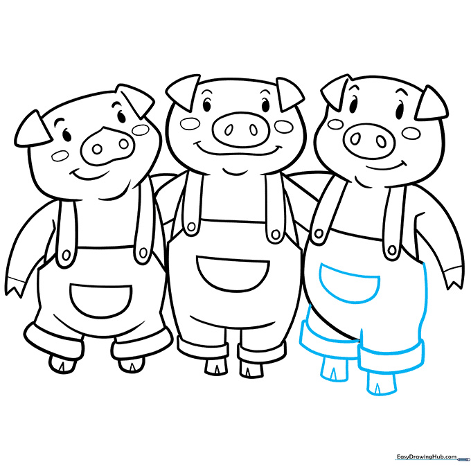 Finalizing the outline of the third pig's overalls and feet.