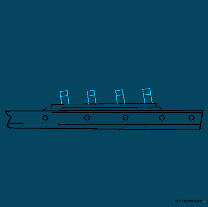 Three slanted rectangular smokestacks added to the top deck of the ship drawing.