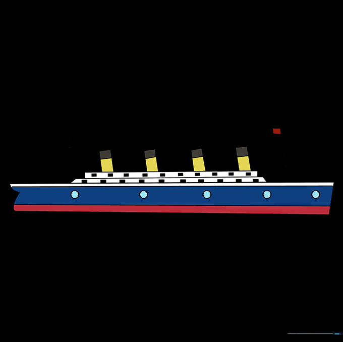 The finished Titanic drawing colored with black, red, white, and yellow.