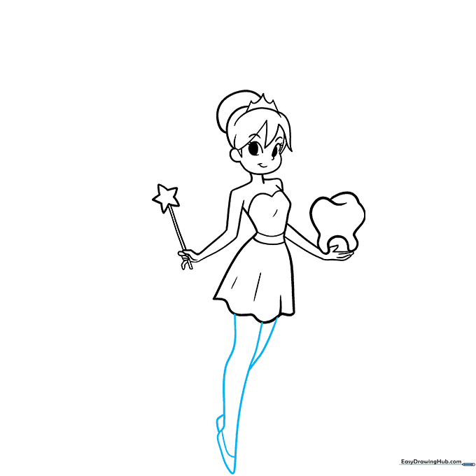 Drawing the fairy's legs and pointed shoes.