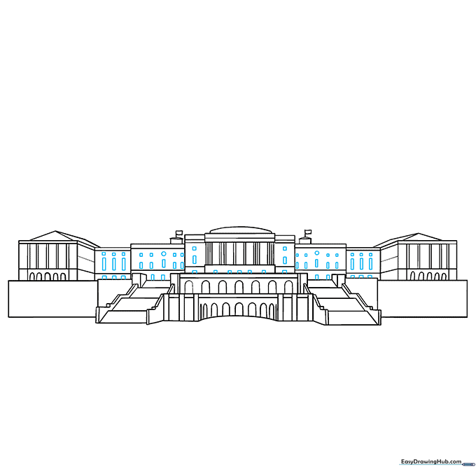 Adding window details using small squares and rectangles.