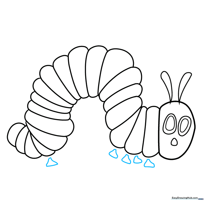 Sketching small triangular feet along the bottom of the caterpillar's body.
