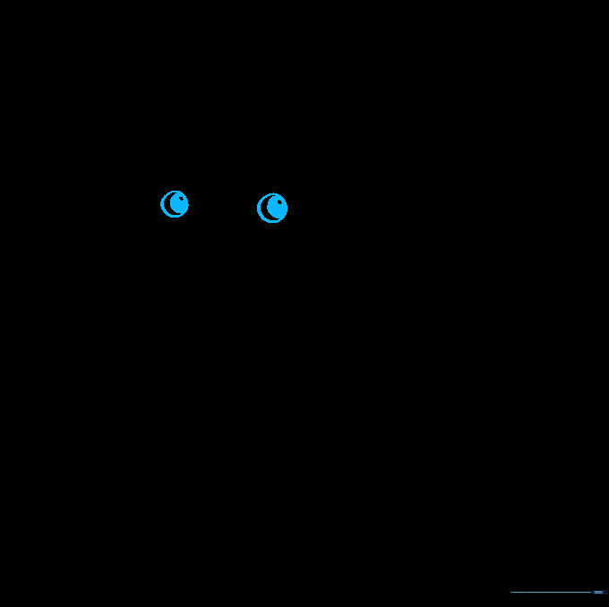 Detailed drawing of the eyes using nested circles for pupils and irises.