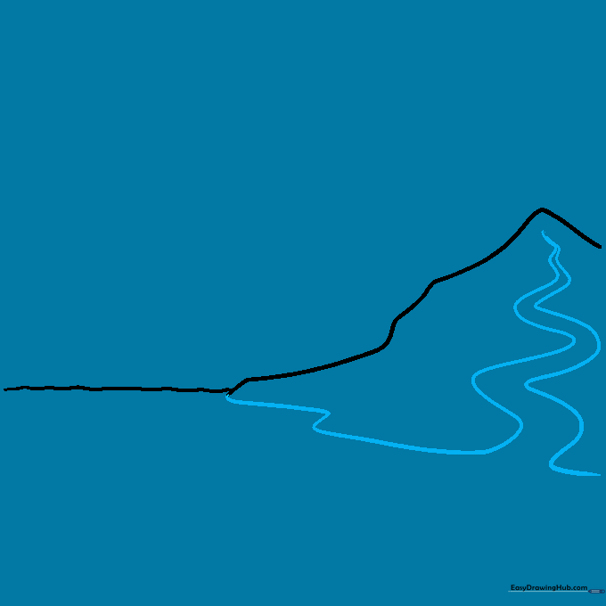 Drawing a winding river path originating from the mountain peak down to the ocean.