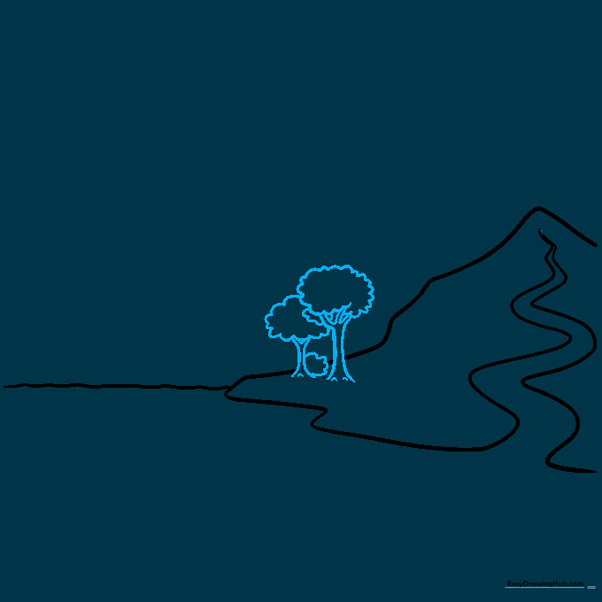 Adding small, stylized trees at the base of the mountain to represent forest life.