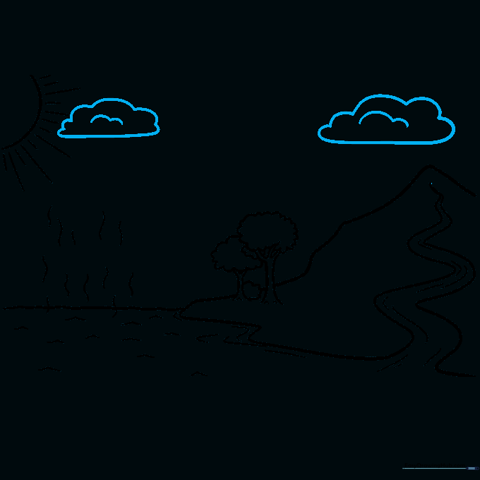 Adding two fluffy clouds in the sky above the mountain and ocean.