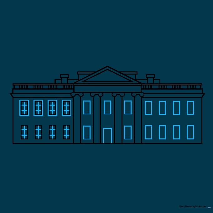 Detailed sketch showing the addition of window frames and glass panes.