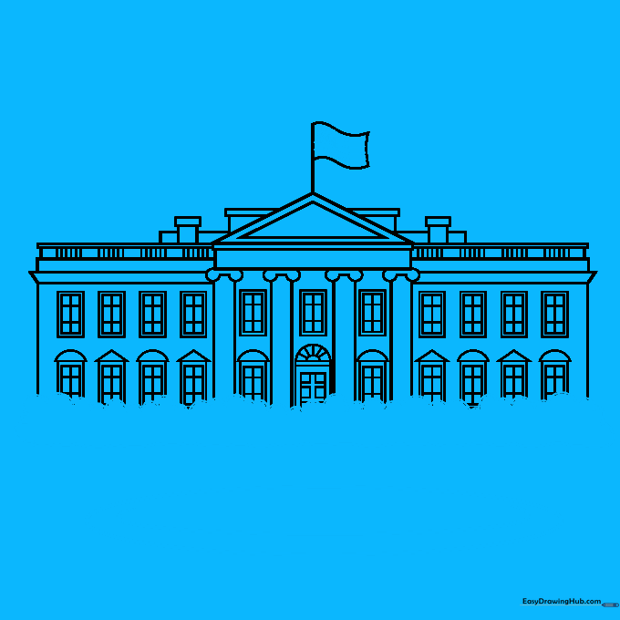 Drawing garden shrubs and the American flag in front of the White House.